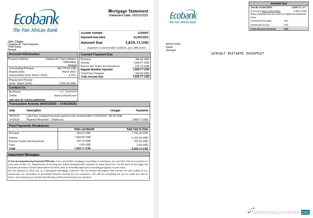 Download Senegal Ecobank mortgage statement in Word and PDF formats Photoshop template